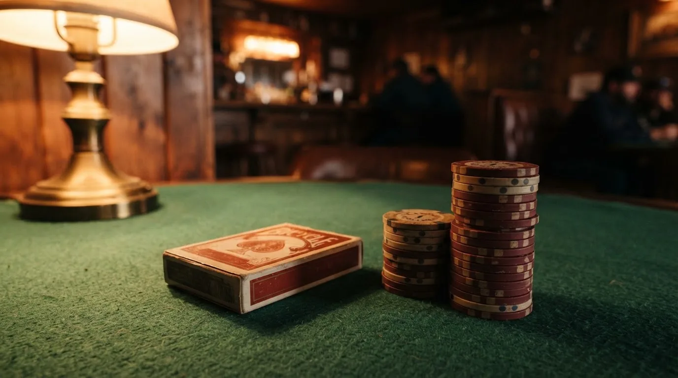Kortlek och staplar av spelmarker på ett grönt filtbord i en dunkel salong, varmt lampsken — svenska casinon med zimpler