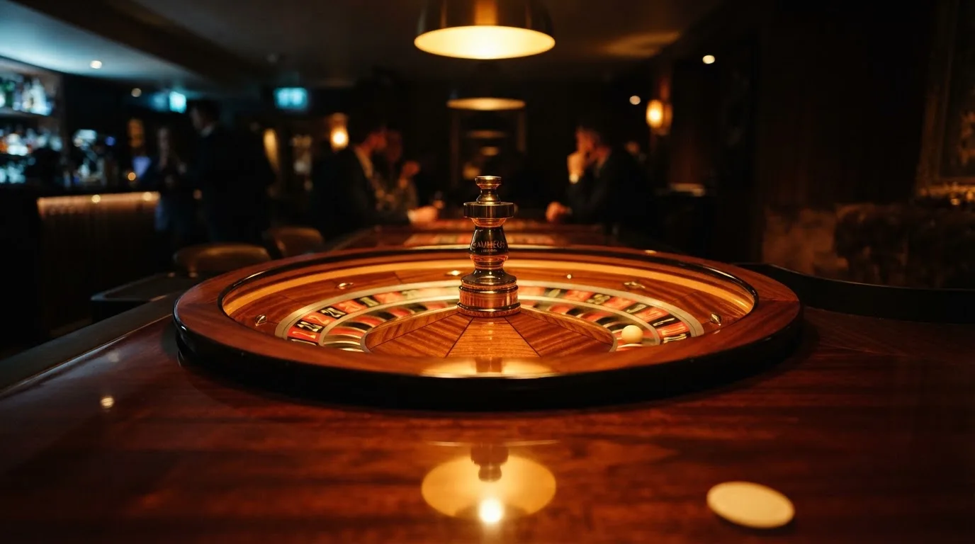 Ett roulettehjul snurrar på ett blankt träbord, den vita kulan glimmar i takljusets guld — svenska casinon på android