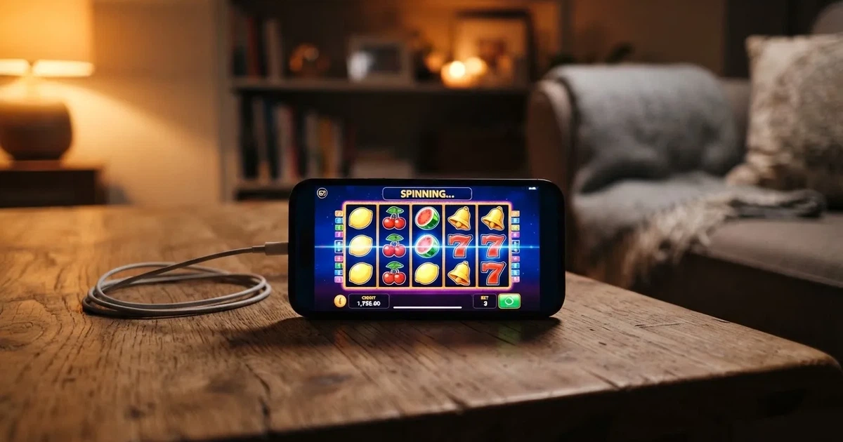En smartphone ligger med baksidan upp på soffbordet, laddsladden ringlar och läslampan lyser mjukt — svenska casinon på ios