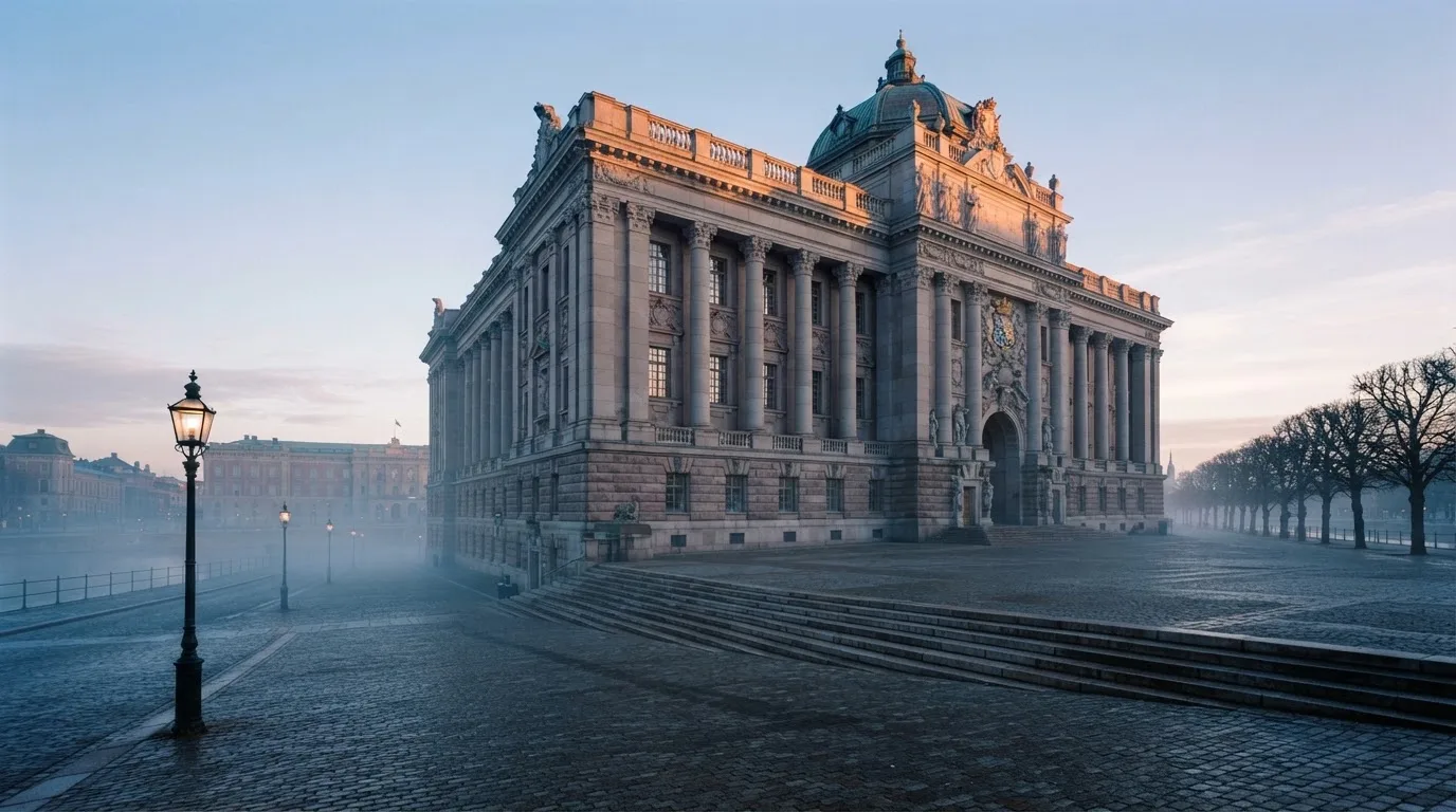 Stenfasad på en statlig byggnad i Stockholm vid gryning, höga pelare och ett tomt torg framför — svenska casinon på ios