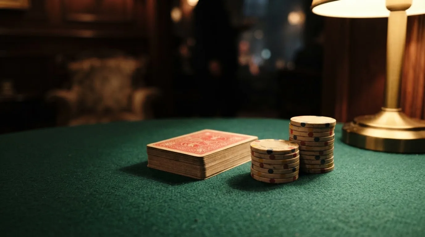 Kortlek och staplar av spelmarker på ett grönt filtbord i en dunkel salong, varmt lampsken — svenska casinon utan konto