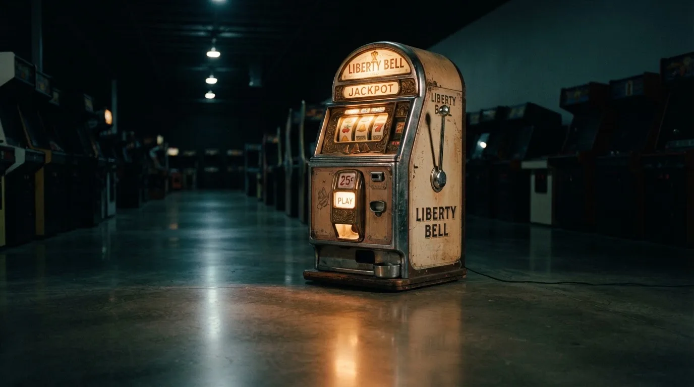 En gammal spelautomat lyser i den dunkla hallen och speglar sig i golvet — svenska casinon utan registrering