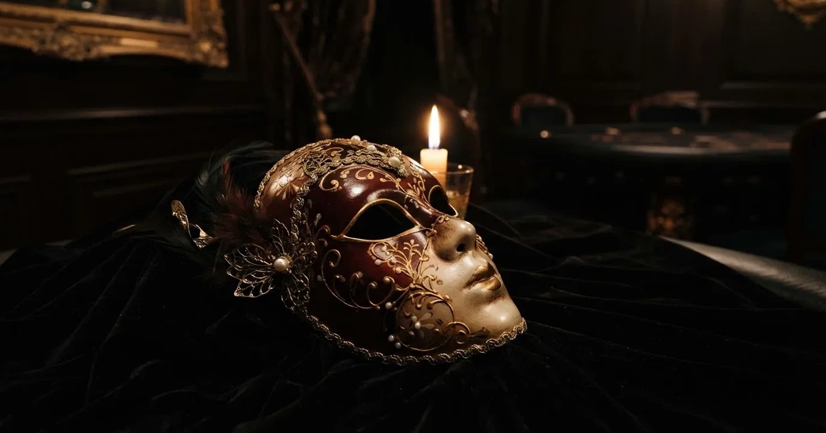 En venetiansk mask på svart sammet, ljuslågan speglas i dess blanka yta — svenska casinon utan registrering