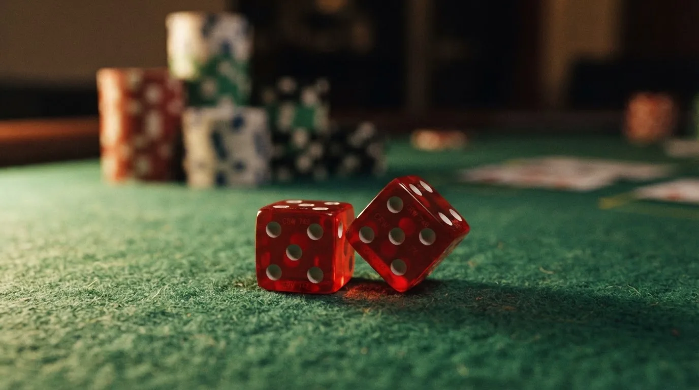 Röda tärningar vilar på grönt filt, bakom dem suddiga torn av spelmarker i kvällsdunklet — svenska casinon utan spelpaus