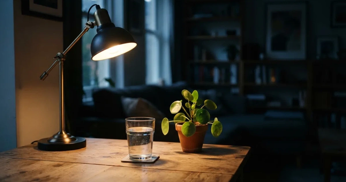 En skrivbordslampa lyser upp ett vattenglas och en kruka, rummet bakom mörknar sakta — svenska casinon utan spelpaus