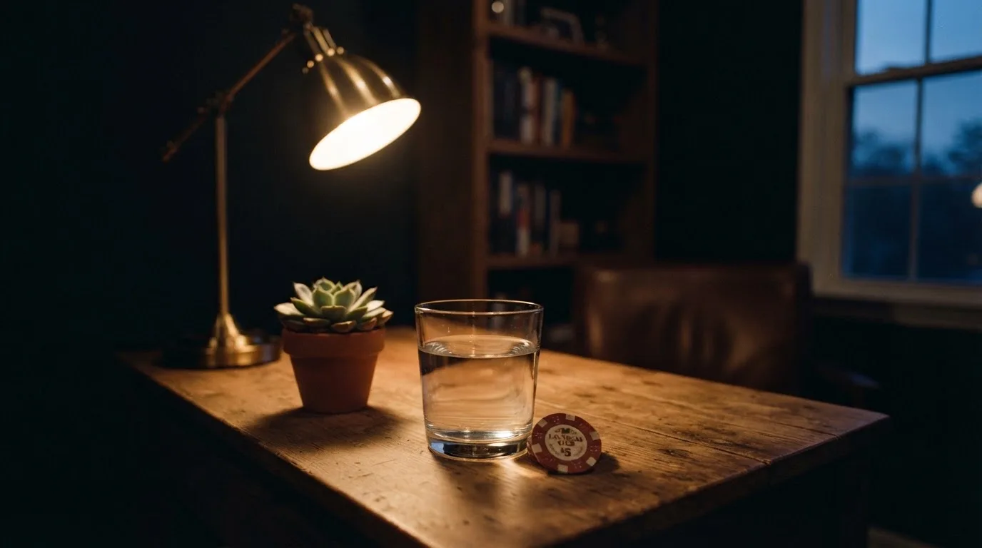En skrivbordslampa lyser upp ett vattenglas och en kruka, rummet bakom mörknar sakta — svenska casinosidor