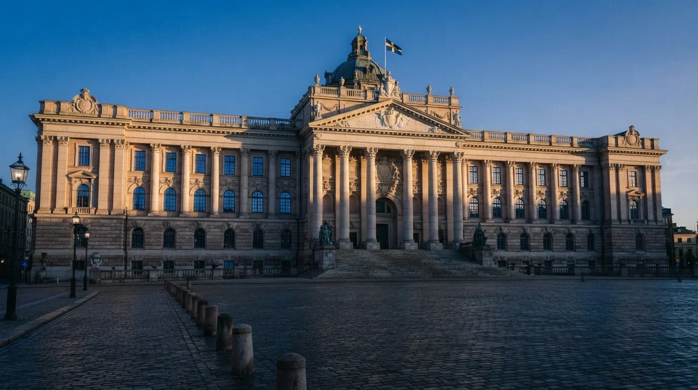 Stenfasad på en statlig byggnad i Stockholm vid gryning, höga pelare och ett tomt torg framför — svenska online casinon