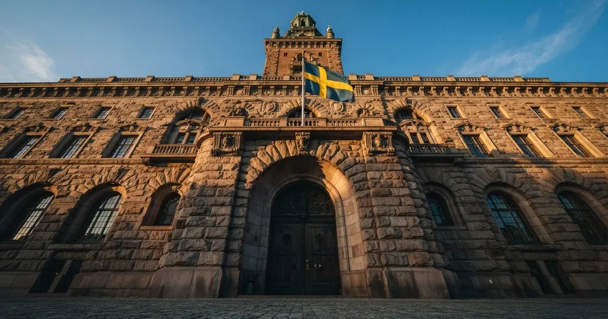 Ett gammalt stadshus i sten fotograferat underifrån mot en klarblå himmel, med den svenska flaggan som fladdrar ovanför entrén.