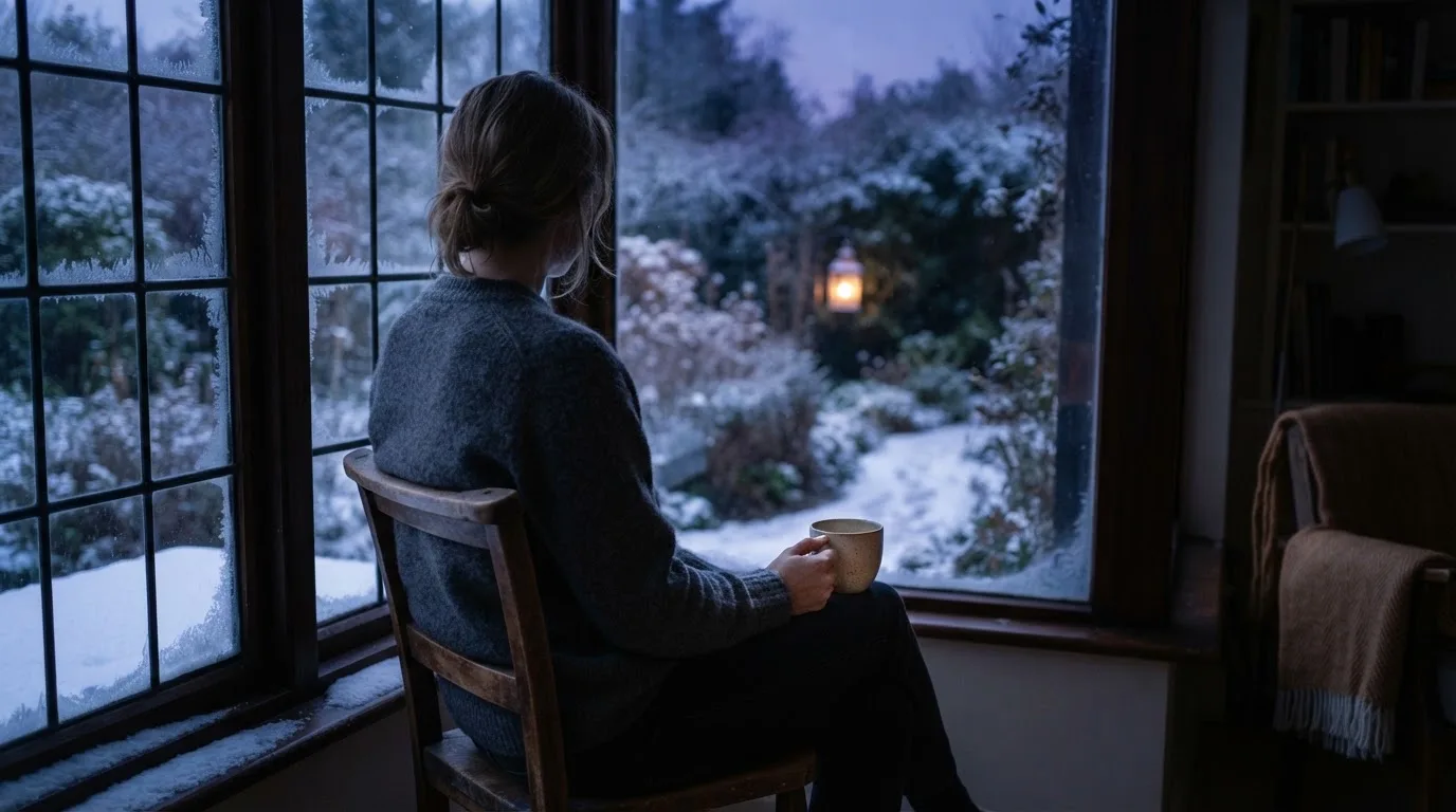 En person sitter ensam vid ett fönster i skymningen och håller en tekopp, med en rofylld vinterträdgård synlig utanför glaset.