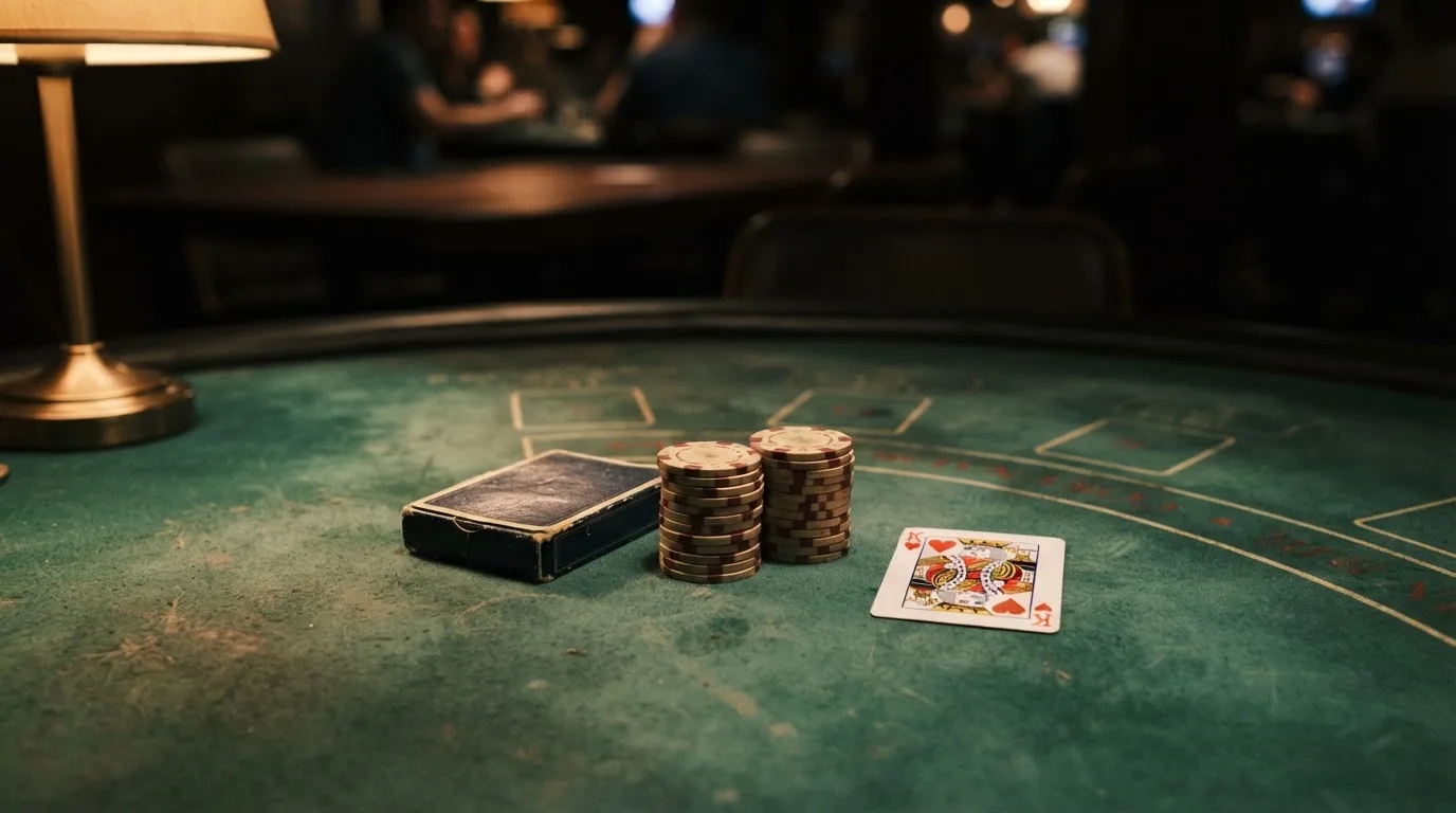 Kortlek och staplar av spelmarker på ett grönt filtbord i en dunkel salong, varmt lampsken — utländska casinon i sverige