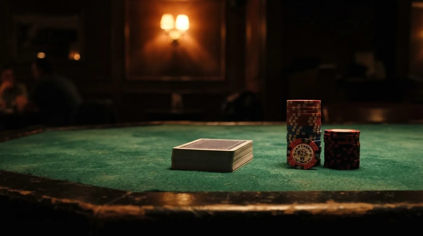 Kortlek och staplar av spelmarker på ett grönt filtbord i en dunkel salong, varmt lampsken — vinna på svenska casino